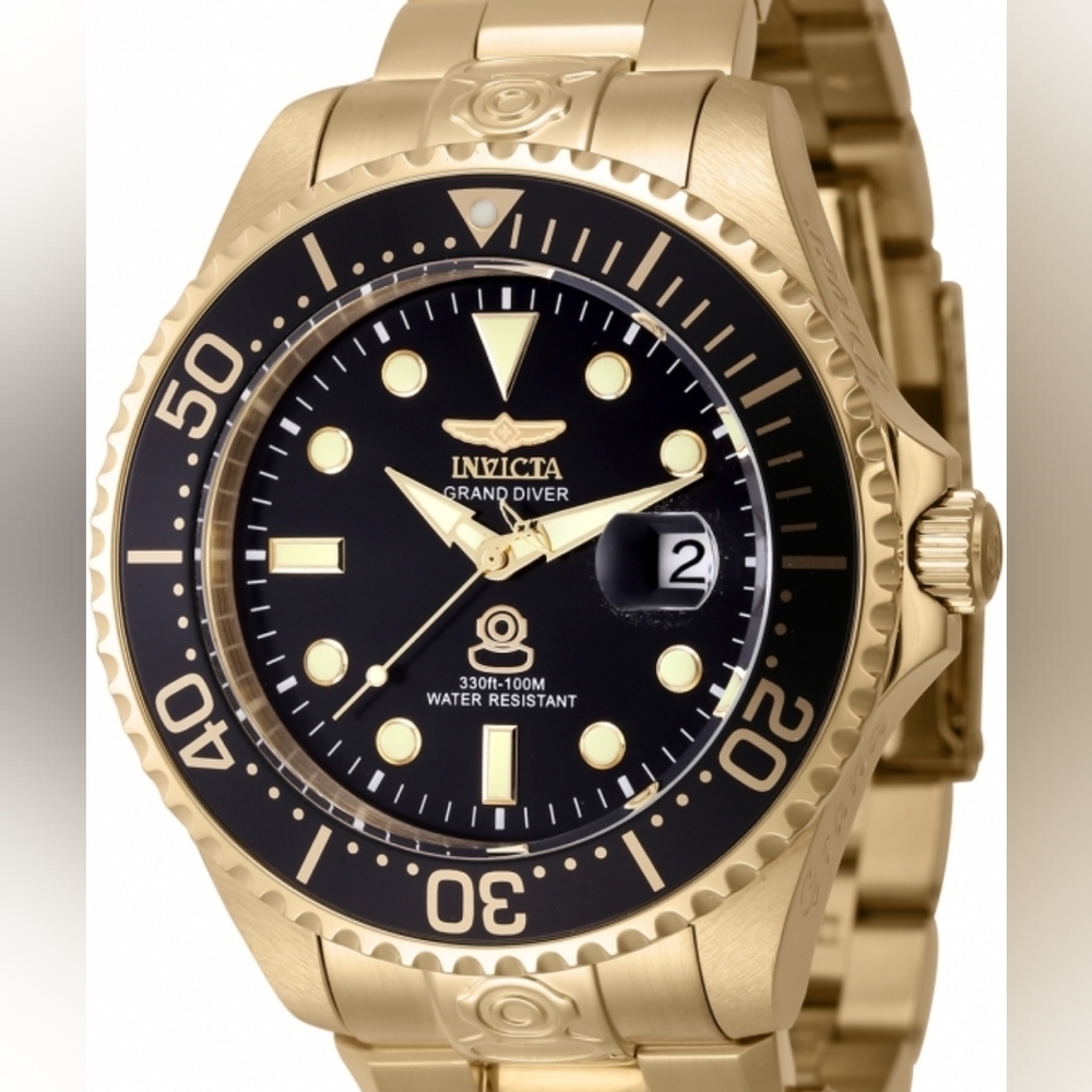 ✨Invicta Grand Diver Mens 47mm Automatic DUAL TIME BLACK Dial Quartz GOLD Watch